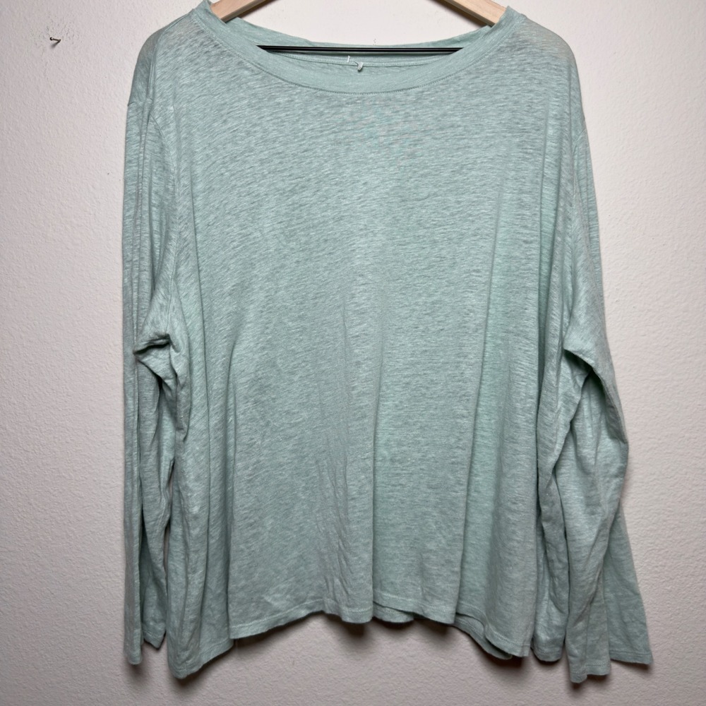 Eileen Fisher Women 100% Organic Linen Top 2X Green Long Sleeve Slub Knit Scoop